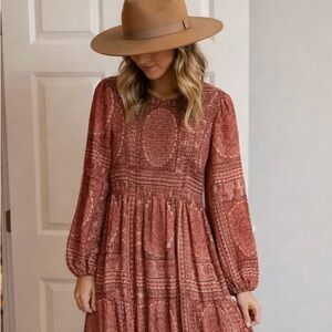 Chic Bohemian Long Sleeve Dress in Rust